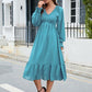 Swiss Dot V-Neck Smocked Lantern Sleeve Ruffle Hem Dress