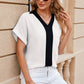 Contrast Johnny Collar Short Sleeve Blouse