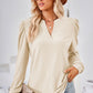 Ruched Notched Long Sleeve T-Shirt