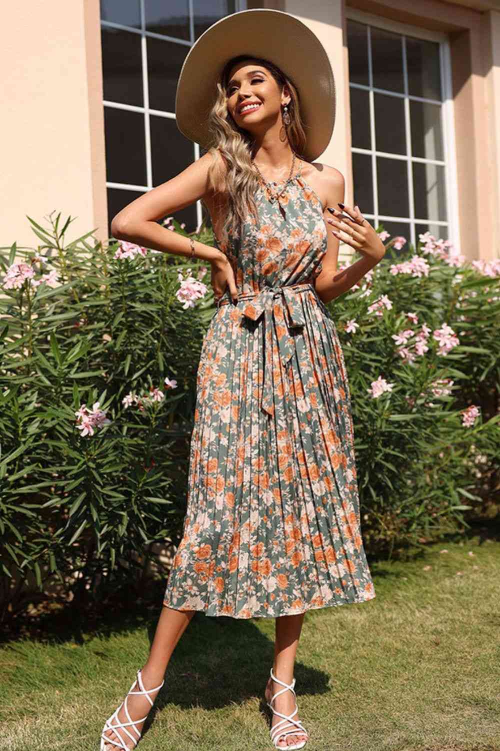 Floral Tie Waist Pleated Green Dress