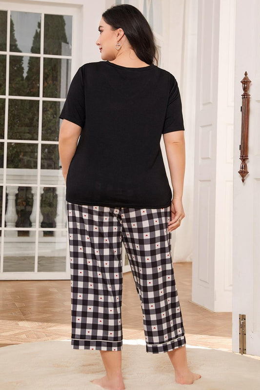 Plus Size V-Neck Tee and Plaid Cropped Pants Lounge Set