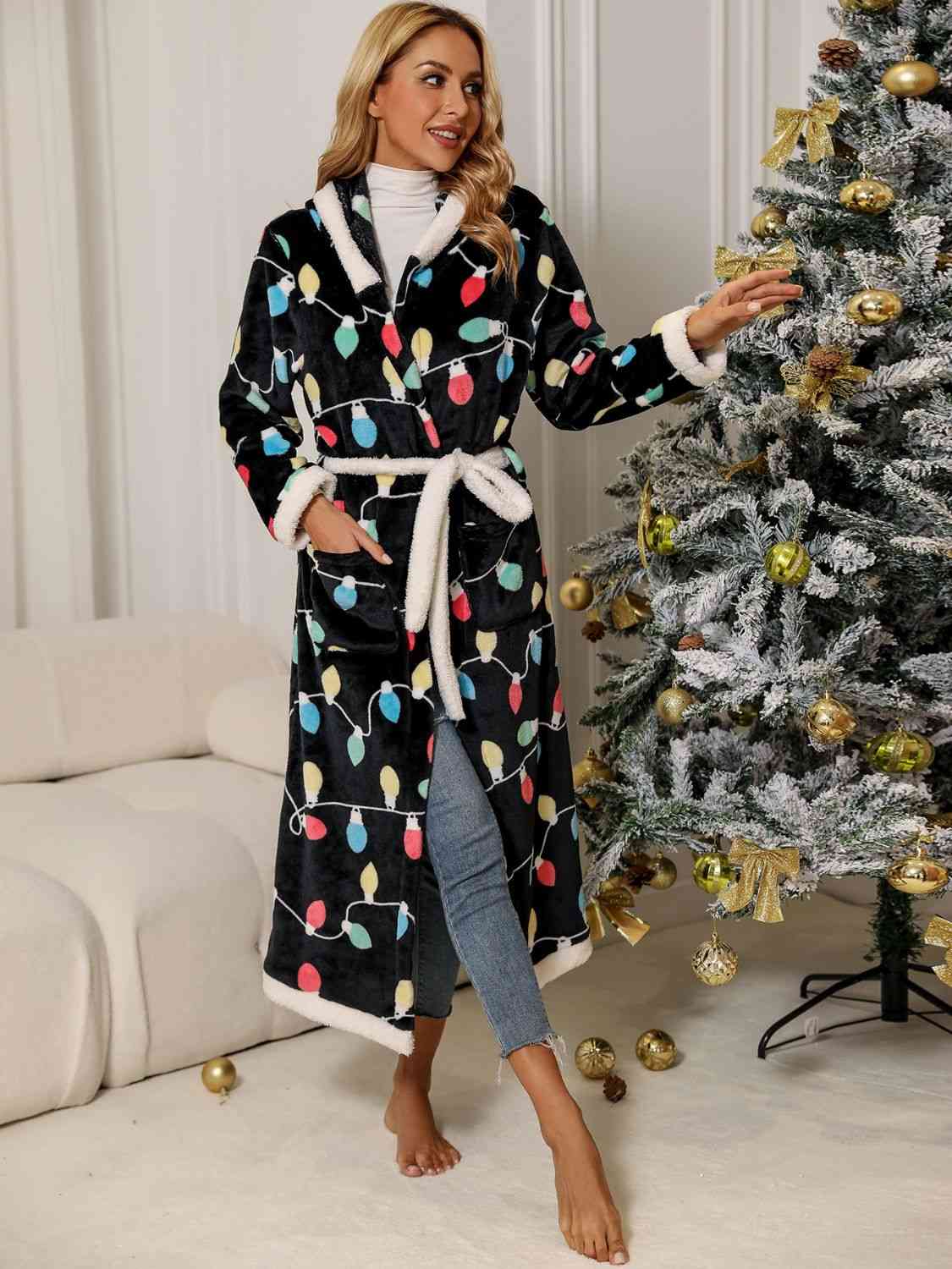 Full Size Tie Waist Hooded Robe