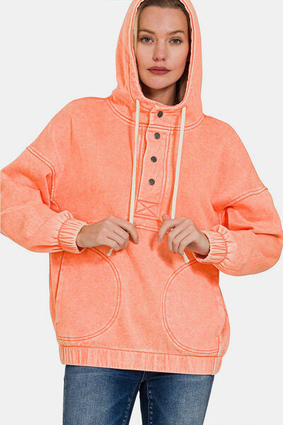 Zenana Drawstring Half Snap Dropped Shoulder Hoodie - Brand Zenana