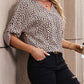Printed V-Neck Roll-Tab Sleeve Blouse