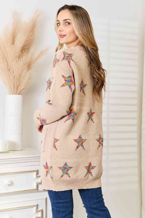 Double Take Star Pattern Open Front Longline Cardigan *