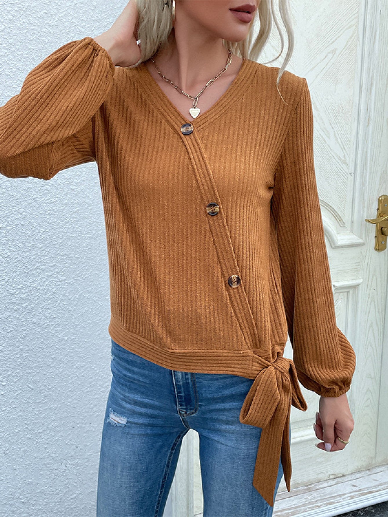 Women's Rib-Knit Asymmetrical Button Blouse