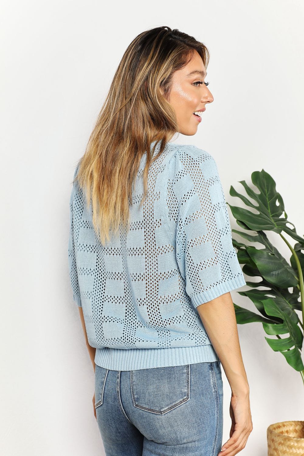 Double Take Ribbed Trim Round Neck Knit Top *