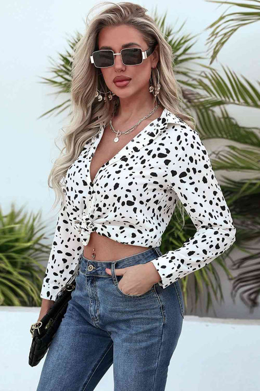 White Animal Print Curved Hem Button-Up Shirt