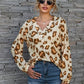Leopard V-Neck Decorative Button Long Sleeve Blouse