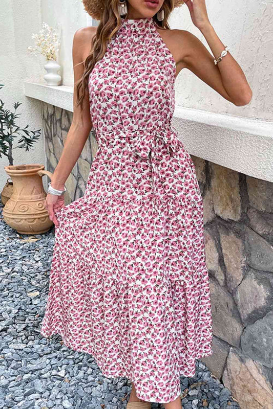 Pink Floral Tie-Waist Tiered Dress