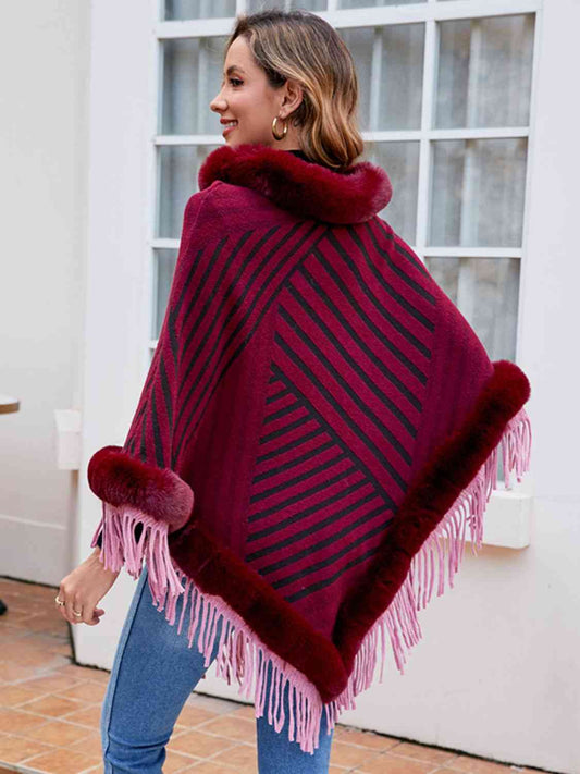 Contrasting Beauty One Size Striped Fringe Hem Poncho