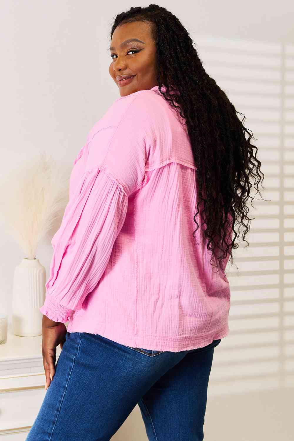 Double Take Exposed Seam Buttoned Notched Neck Blouse *