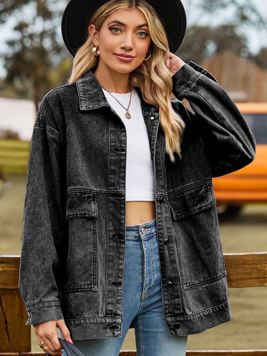 Outer Adventure Full Size Dropped Shoulder Denim Jacket with Pockets