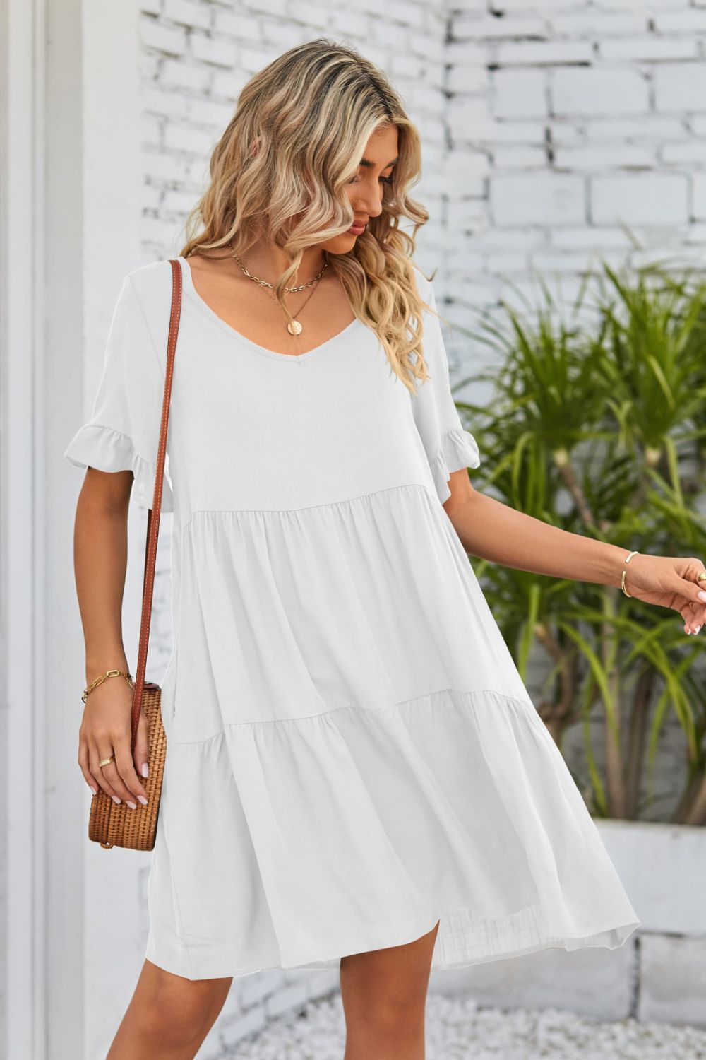 SO BOHO Full Size V-Neck Flounce Sleeve Tiered Dress