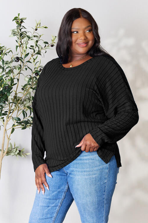 Basic Bae Full Size Ribbed Round Neck Slit Long Sleeve T-Shirt *