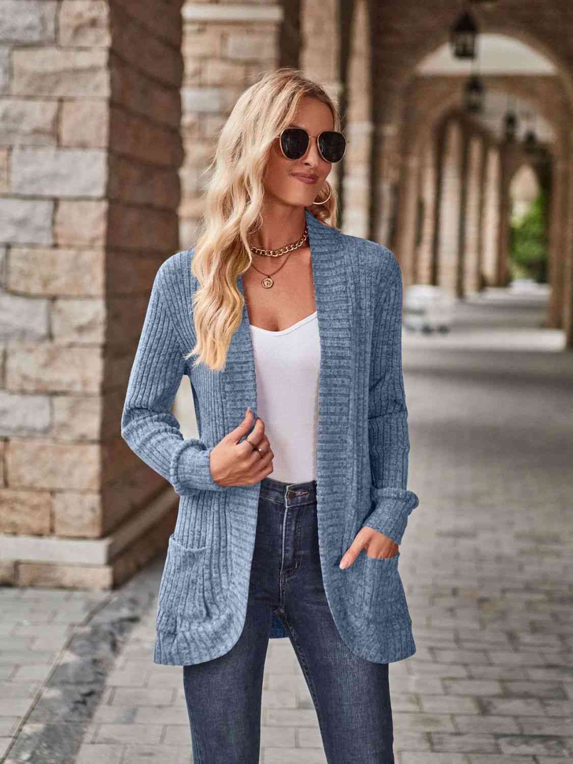 Full Size Open Front Cardigan with Pockets