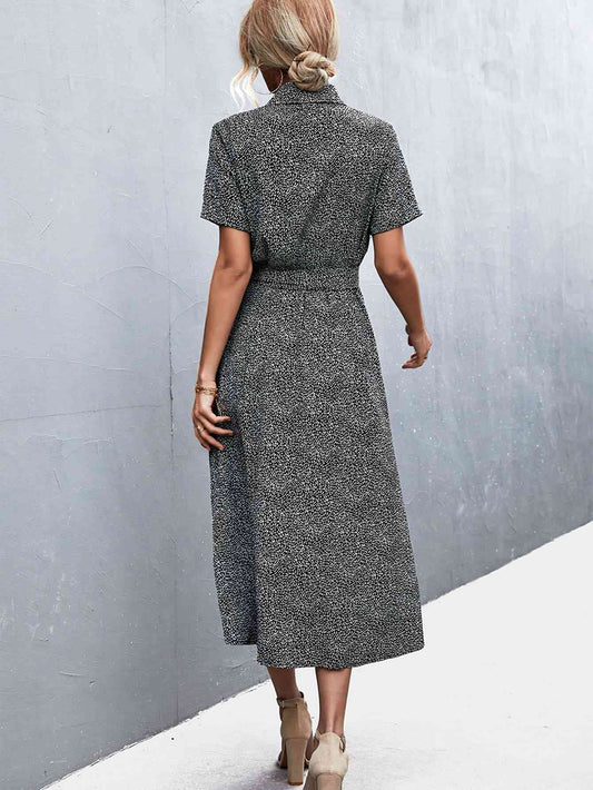 Black Printed Tie Waist Short Sleeve Shirt Dress