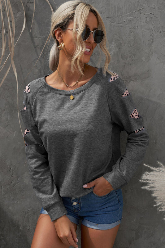 Full Size Gray Leopard Patchwork Raglan Sleeve Sweatshirt