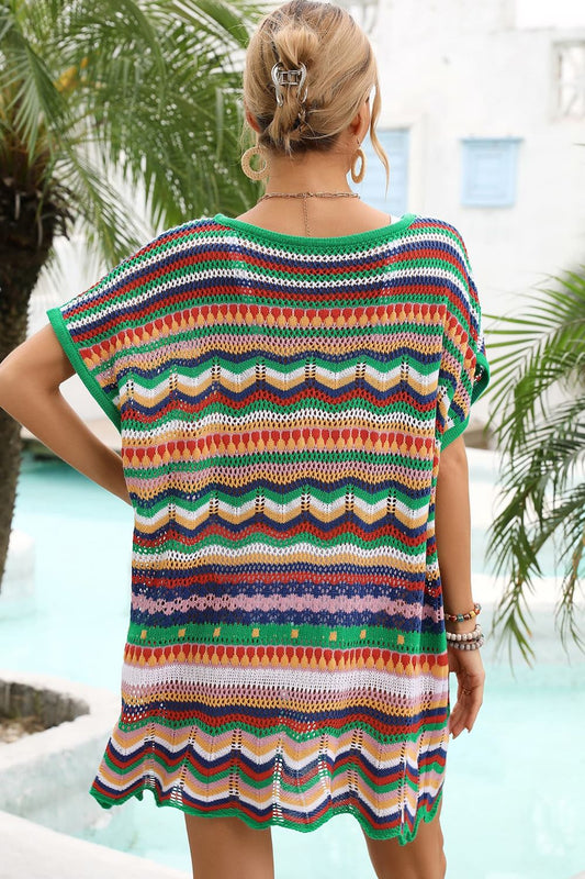 Women's Rainbow Stripe Scalloped V-Neck Cover-Up Dress