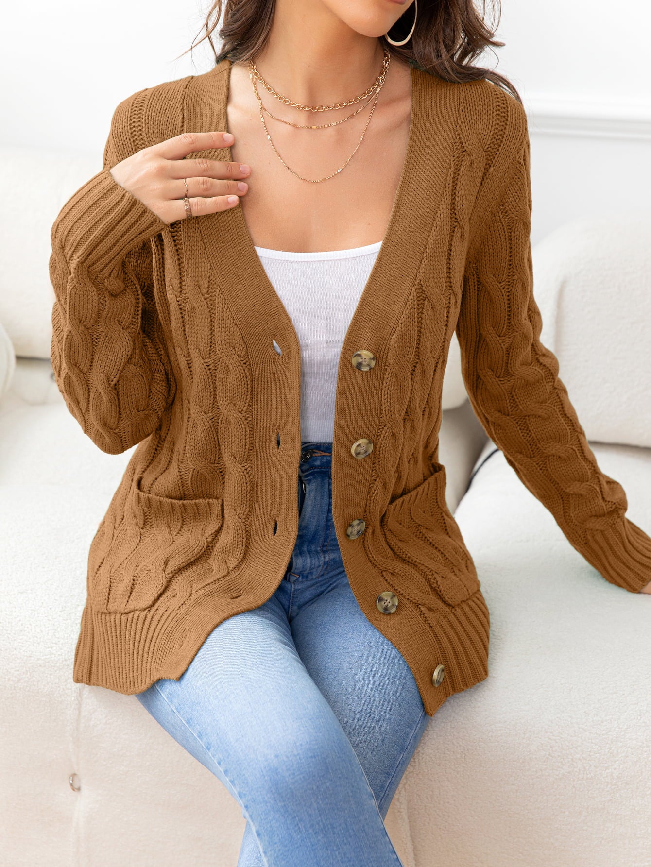 SavannahTree Button Down Cable-Knit Cardigan