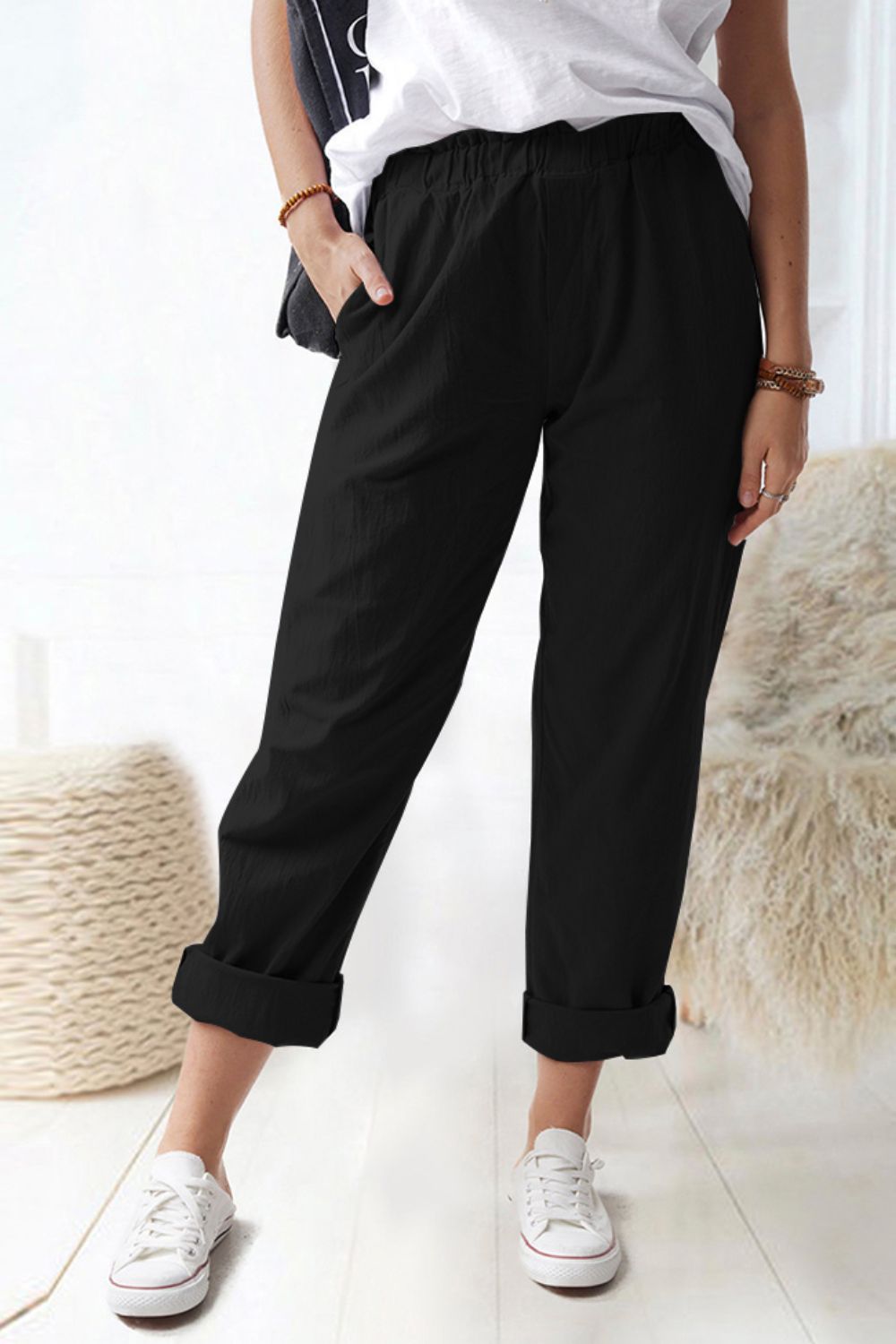 Women's Full Size Paperbag Waist Pull-On Pants with Pockets