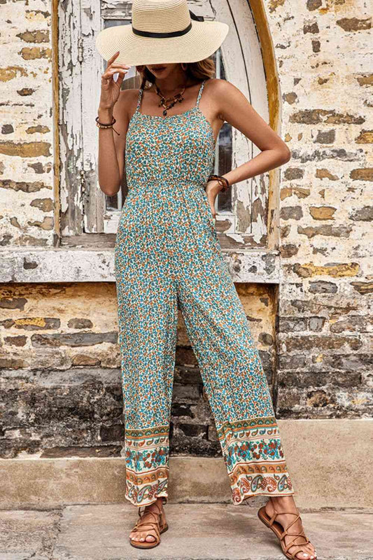 Green Bohemian Spaghetti Strap Low Back Jumpsuit