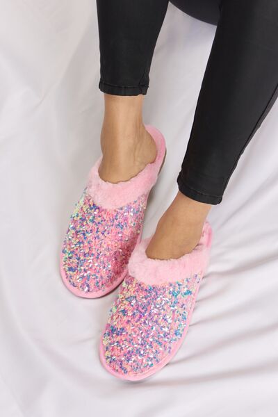 Forever Link Pink Sequin Plush Round Toe Slippers *