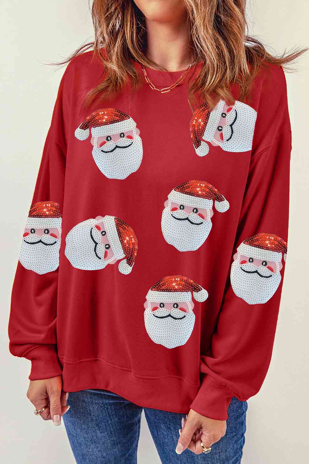 Christmas Themed Sequin Santa Patch Round Neck Sweatshirt