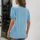 V-Neck Decorative Buttons Puff Sleeve Tee