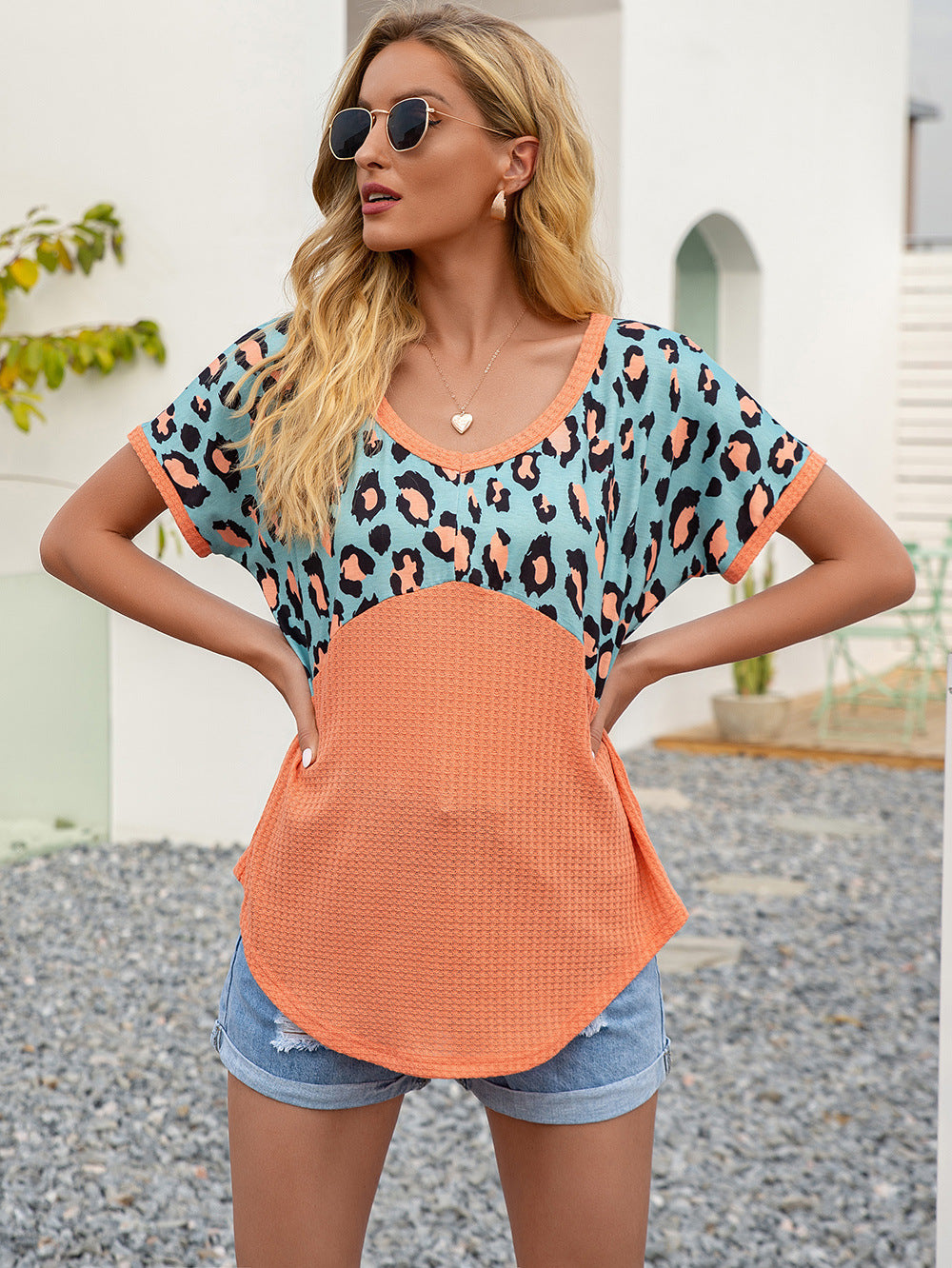 SOSPRING Leopard Waffle-Knit Short Sleeve Top