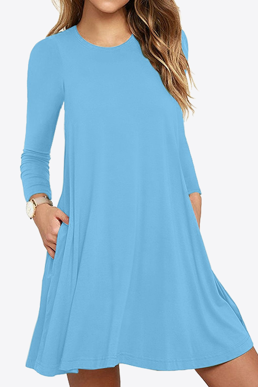 Women's Full Size Agnetha Long-Sleeve Round Neck Dress with Pockets