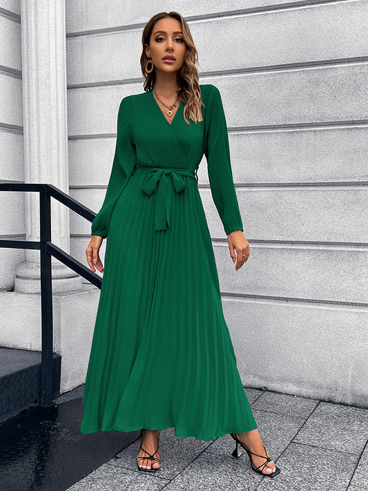 Full Size V-Neck Tie Waist Pleated Maxi Dress