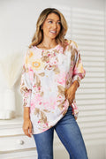 Double Take Blush Pink Floral Round Neck Three-Quarter Sleeve Top *