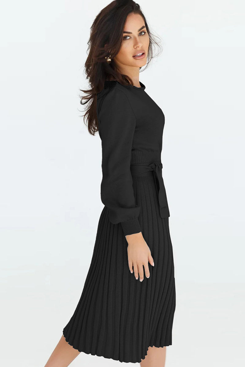 Full Size Round Neck Long Sleeve Pleated Sweater Dress