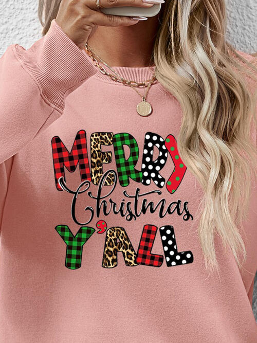 Merry Christmas Ya'll Letter Graphic Round Neck Long Sleeve Sweatshirt