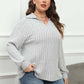 Plus Size Ribbed Collared Neck Long Sleeve Blouse