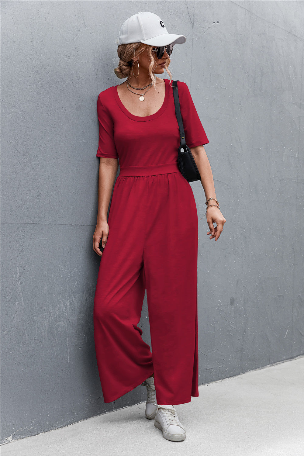 Women's Scoop Neck Half Sleeve Wide Leg Jumpsuit