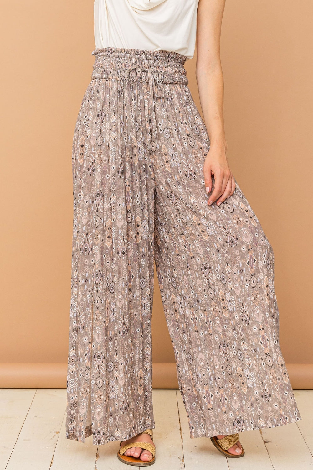 And The Why Printed Smocked Waist Slit Wide Leg Pants *