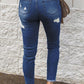 Drawstring Distressed Raw Hem Jeans with Pockets