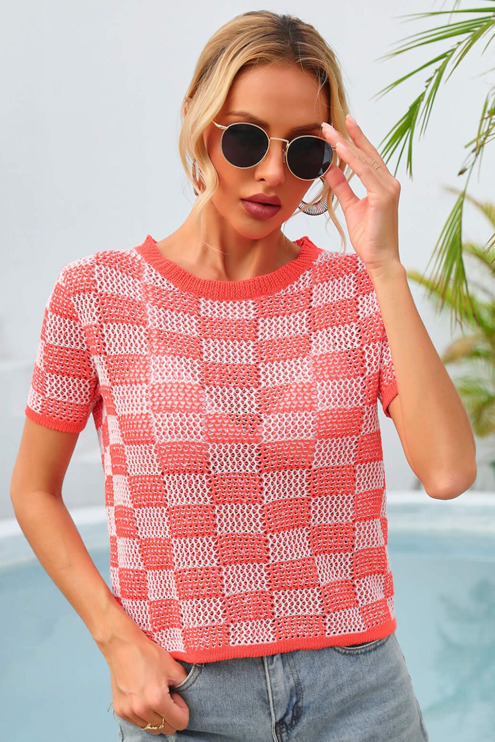 Women's Checkered Short Sleeve Knit Top