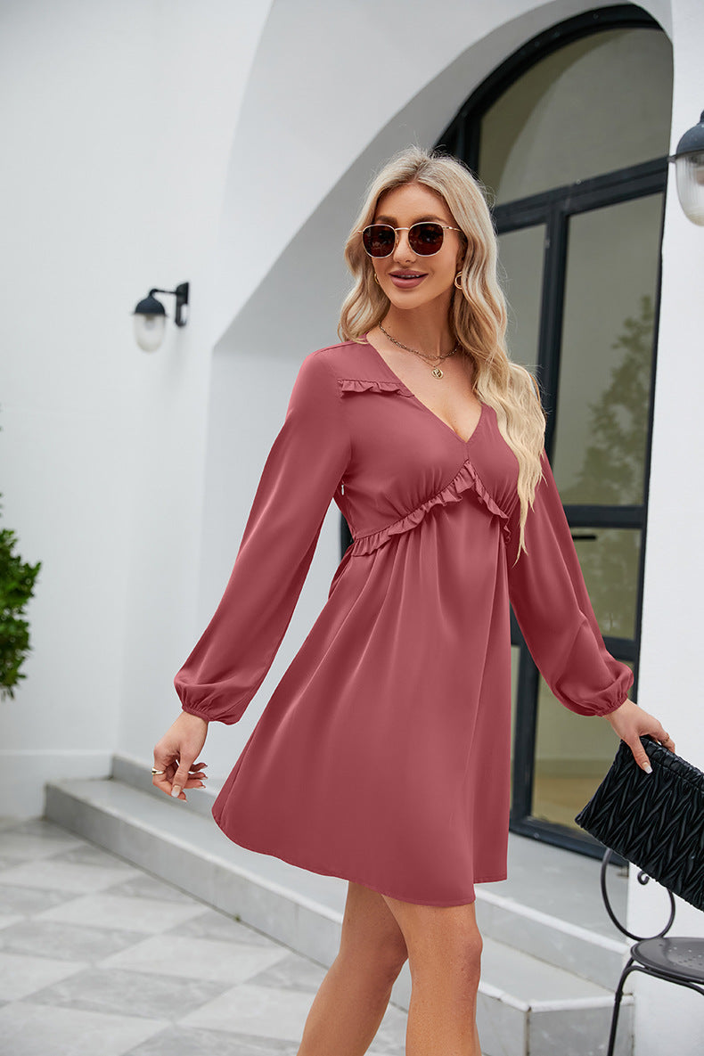 SO YOU Full Size Frill Trim V-Neck Long Sleeve Dress