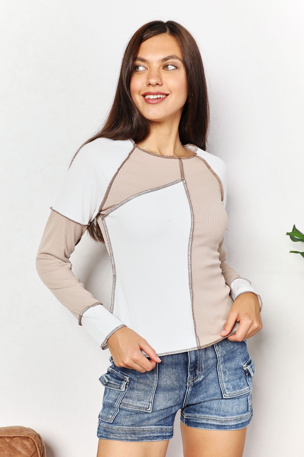 Double Take Khaki Color Block Exposed Seam Top *