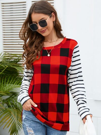 Women's HannahMea Plaid Striped Round Neck Long Sleeve T-Shirt