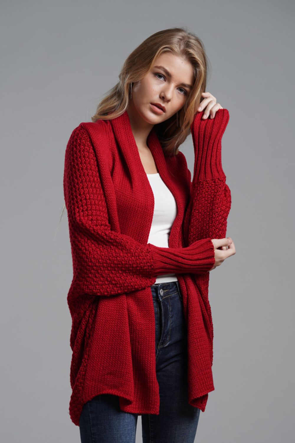 One Size Dolman Sleeve Open Front Ribbed Trim Longline Cardigan