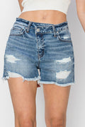 RISEN Stepped Waist Frayed Denim Shorts *
