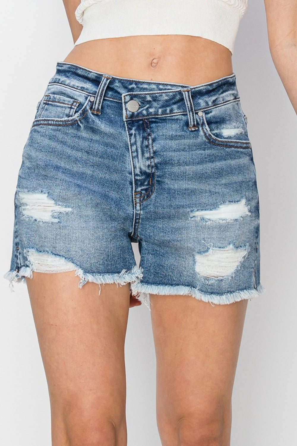 RISEN Stepped Waist Frayed Denim Shorts *