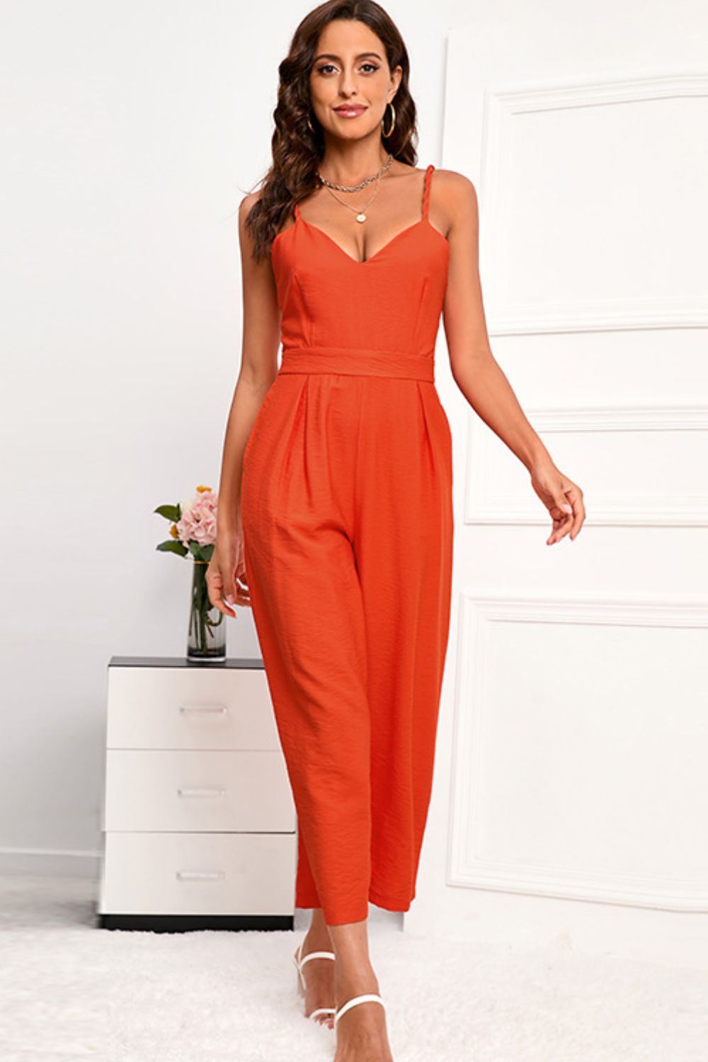 Double Crazy Spaghetti Strap Wide Leg Jumpsuit with Pockets *