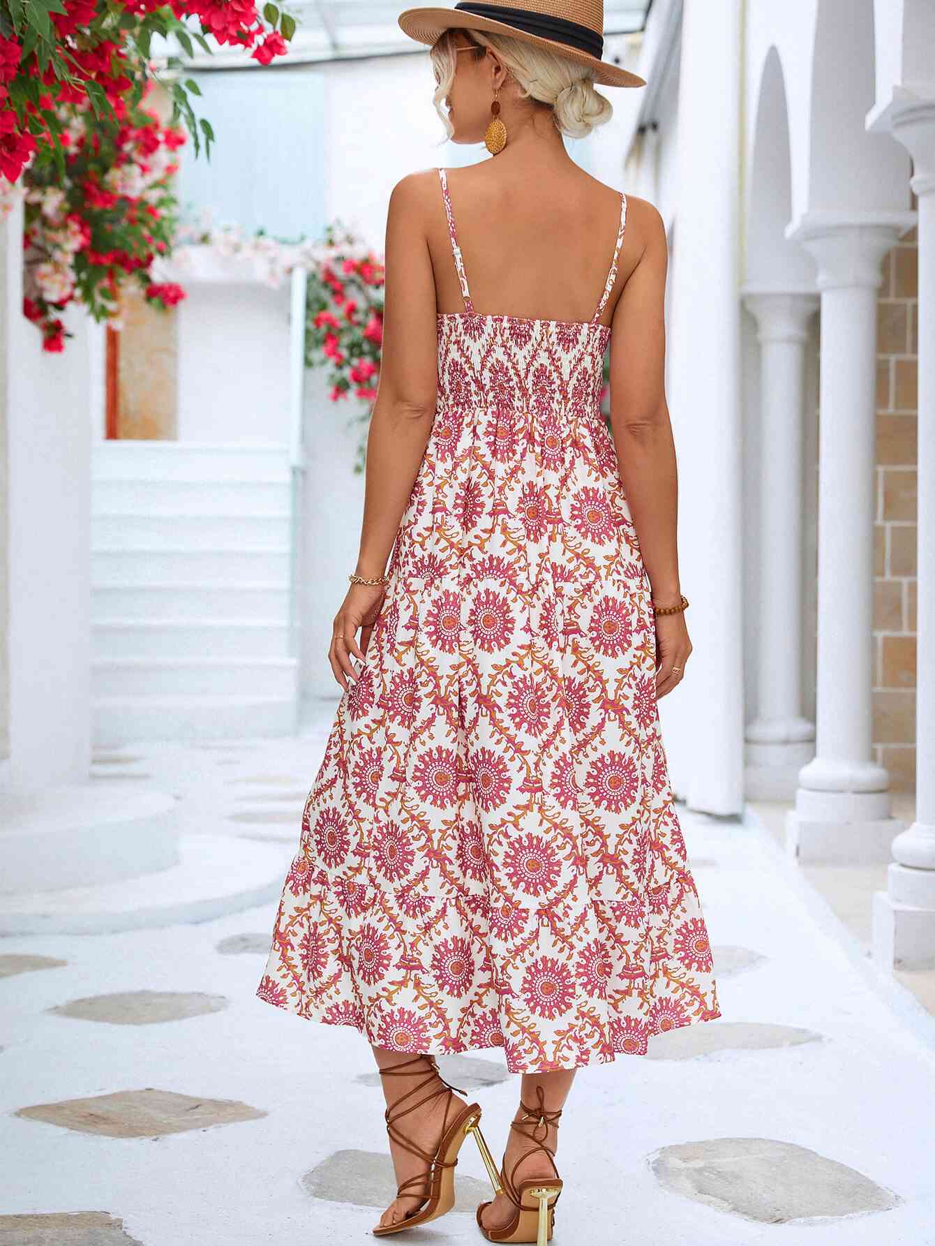 Light Mauve Printed Cutout Spaghetti Strap Midi Dress