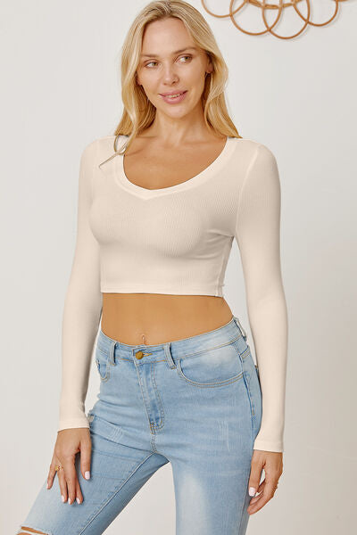 BasicStyle Round Neck Long Sleeve Cropped T-Shirt