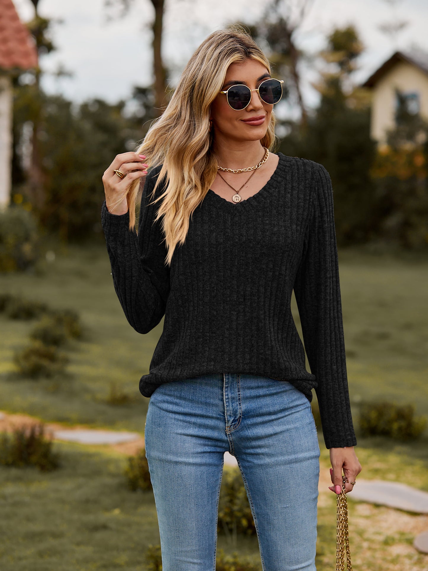 Full Size Ribbed V-Neck Long Sleeve Tee